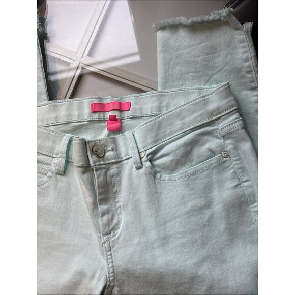Lilly Pulitzer South Ocean High-Rise Skinny Jeans aqua blue sz 8 raw hem LOGO - Picture 9 of 12